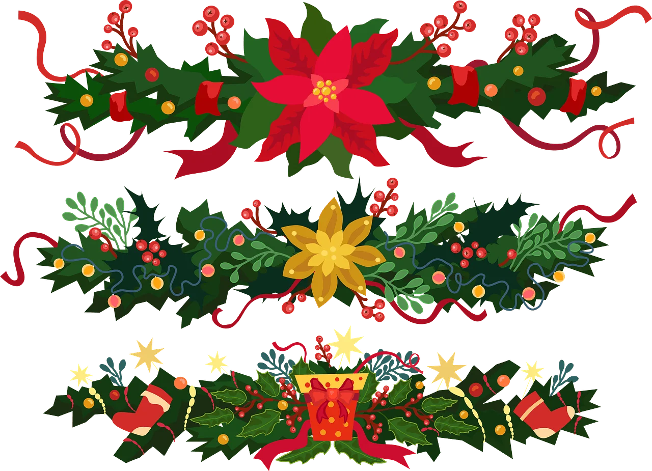 Festive Christmas Garland Clipart with Poinsettias, Ribbons, and Evergreen Foliage