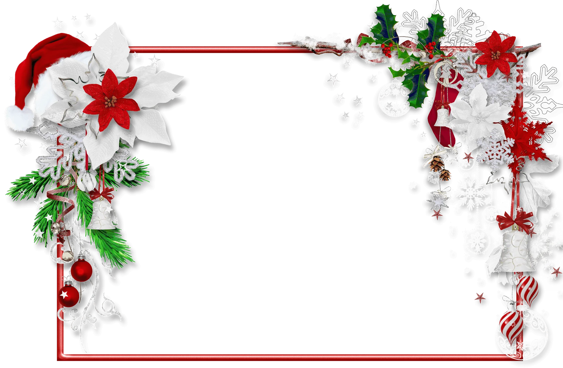 Festive Christmas Greeting Card Border Clipart with Poinsettia and Ornaments