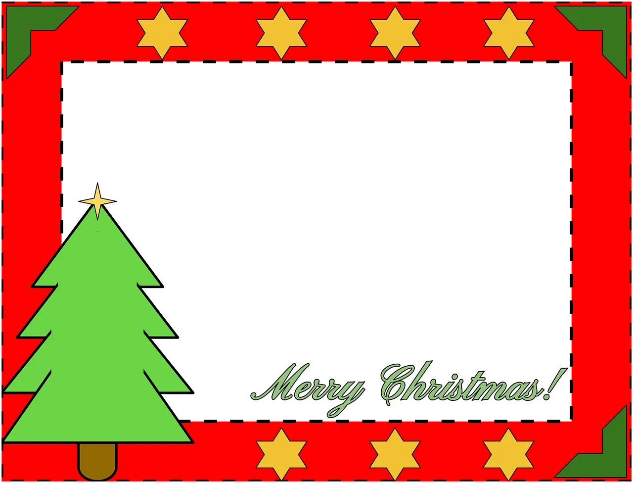 Festive Christmas Greeting Clipart Frame with Green Pine Tree and Golden Stars