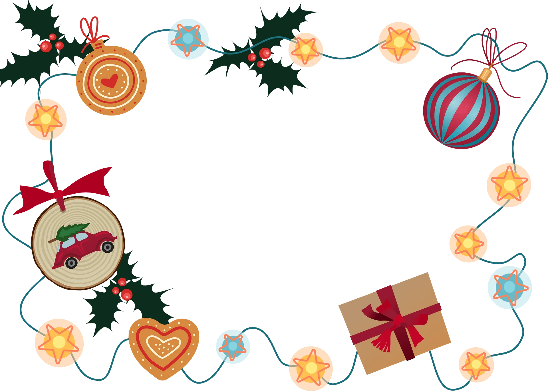 Festive Christmas Holiday Border Clipart with Ornaments, Holly, and Twinkling Lights