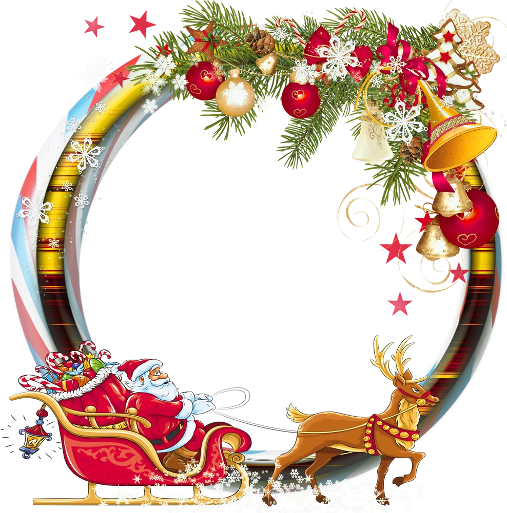 Festive Christmas Sleigh Ride Clipart Border with Reindeer and Holiday Decorations