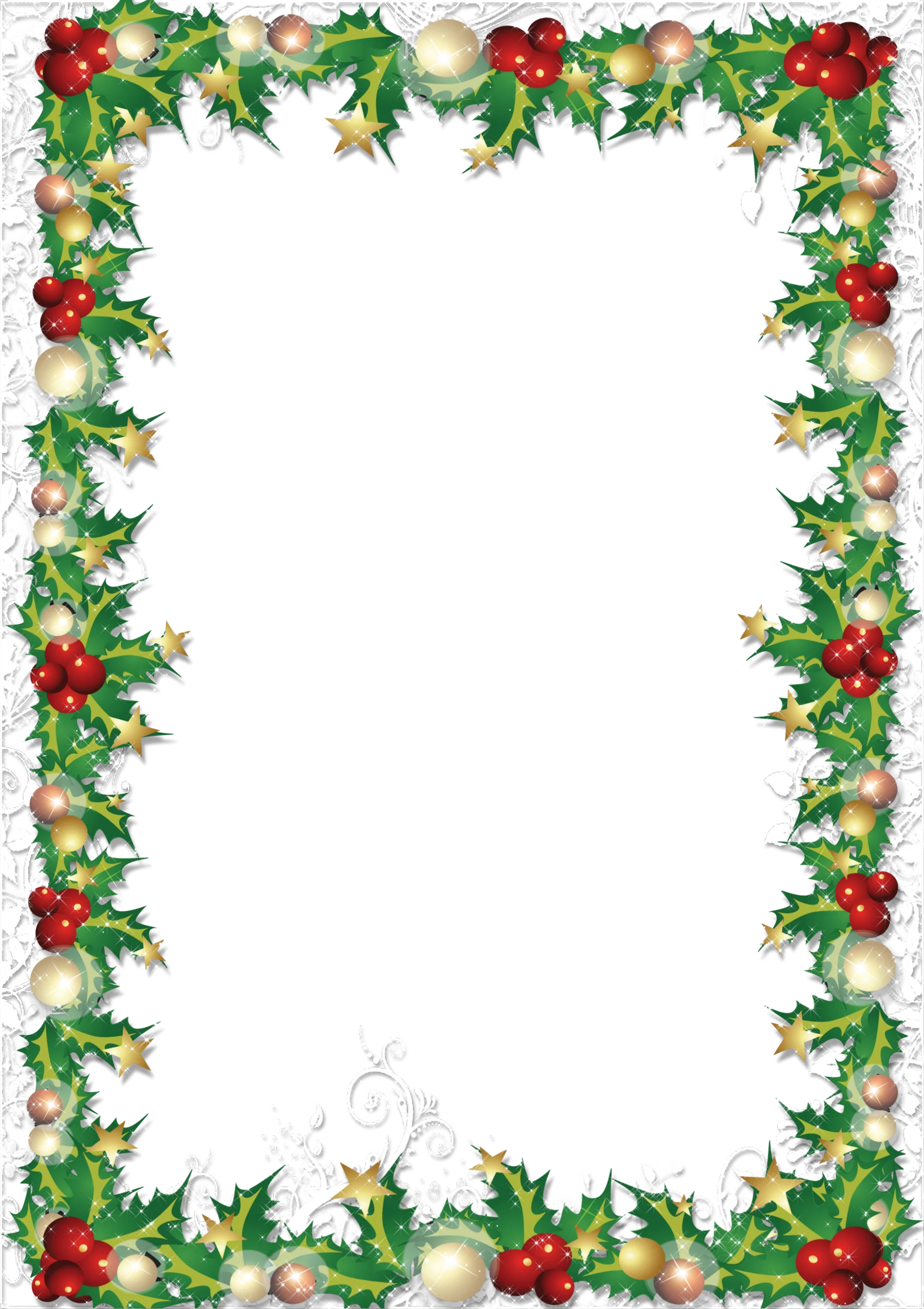 Festive Holly and Ornament Christmas Border Clipart with Elegant Green Leaves