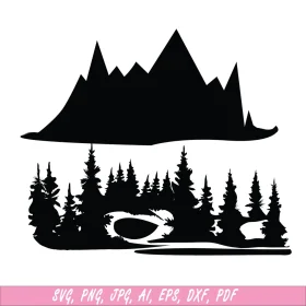 Monochrome Mountain Forest Landscape Silhouette Wilderness Clipart Design