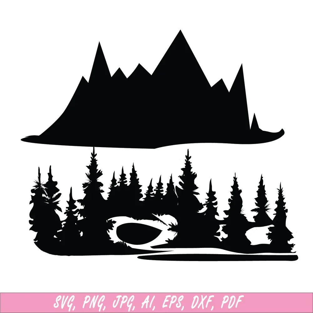 Monochrome Mountain Forest Landscape Silhouette Wilderness Clipart Design