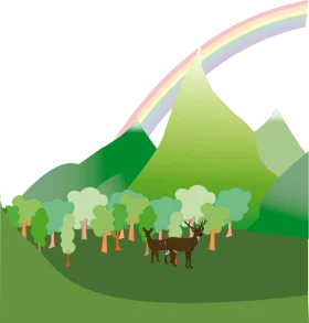 Serene Mountain Landscape with Lush Forest and Rainbow Clipart Illustration