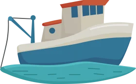Stylized Blue and Red Fishing Boat Clipart Illustration with Simple Design