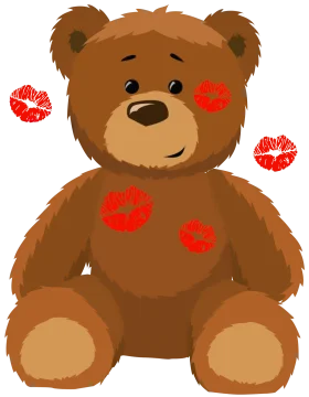 Adorable Brown Teddy Bear Clipart with Playful Red Lipstick Kiss Marks