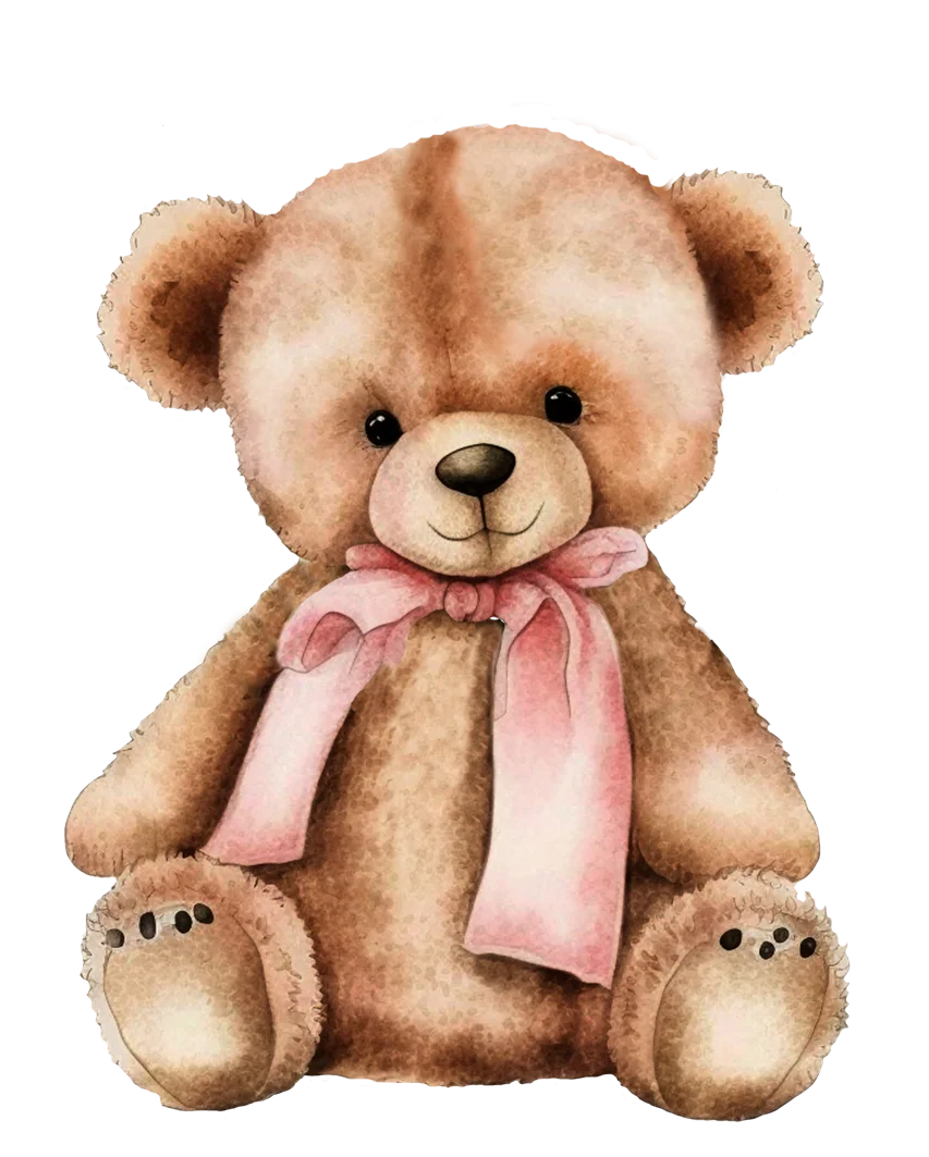 Adorable Vintage-Style Teddy Bear Clipart with Soft Pink Ribbon