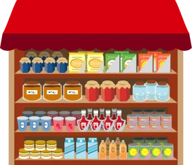 Colorful Pantry Shelf Clipart Showcasing Diverse Food and Beverage Storage