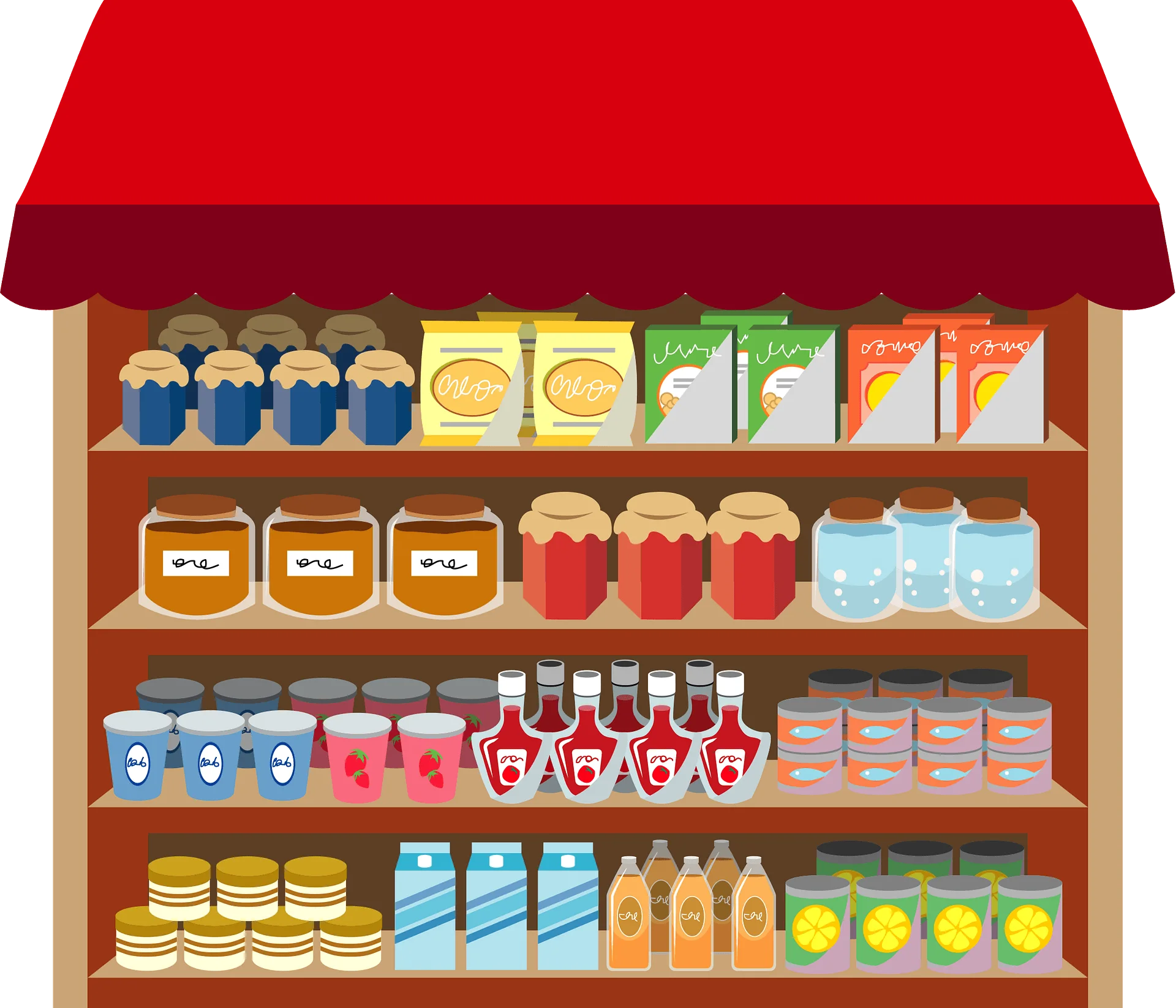 Colorful Pantry Shelf Clipart Showcasing Diverse Food and Beverage Storage