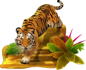 Majestic Bengal Tiger Prowling on Golden Rock Tropical Clipart Illustration