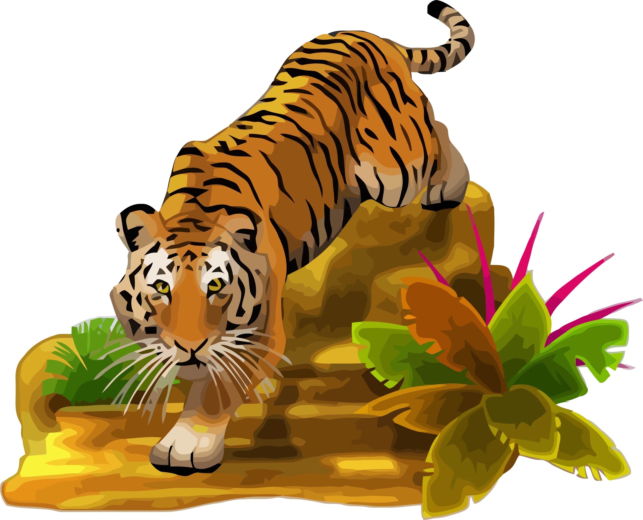 Majestic Bengal Tiger Prowling on Golden Rock Tropical Clipart Illustration
