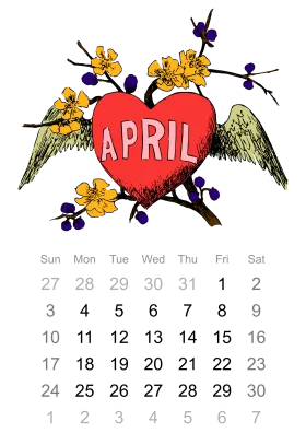 Whimsical April Clipart with Winged Heart, Blossoming Branches, and Calendar Layout