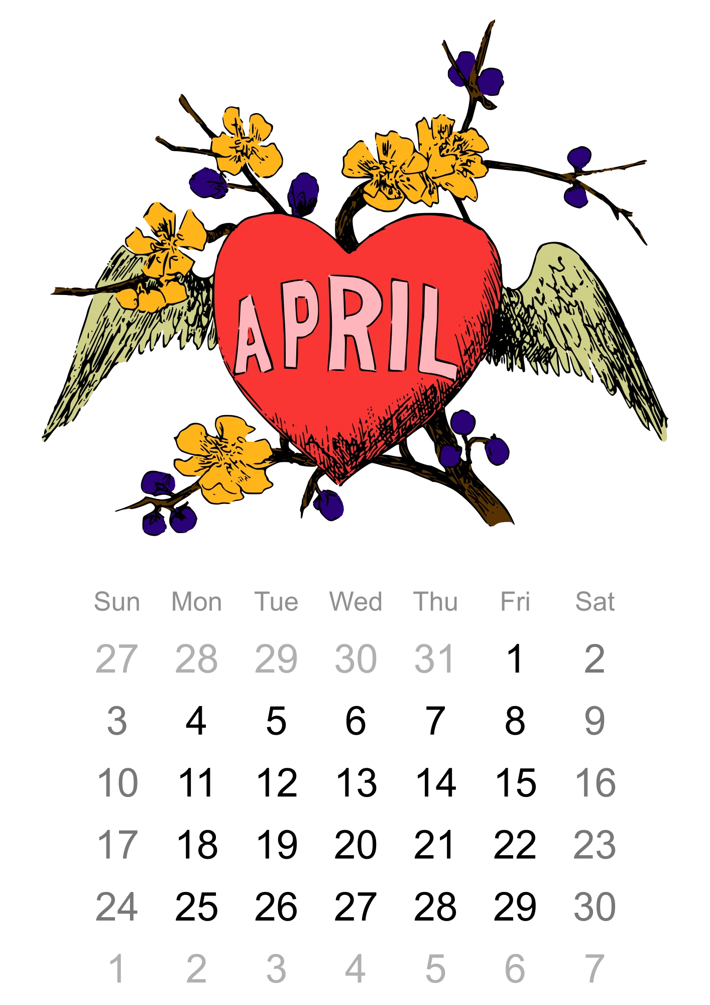 Whimsical April Clipart with Winged Heart, Blossoming Branches, and Calendar Layout