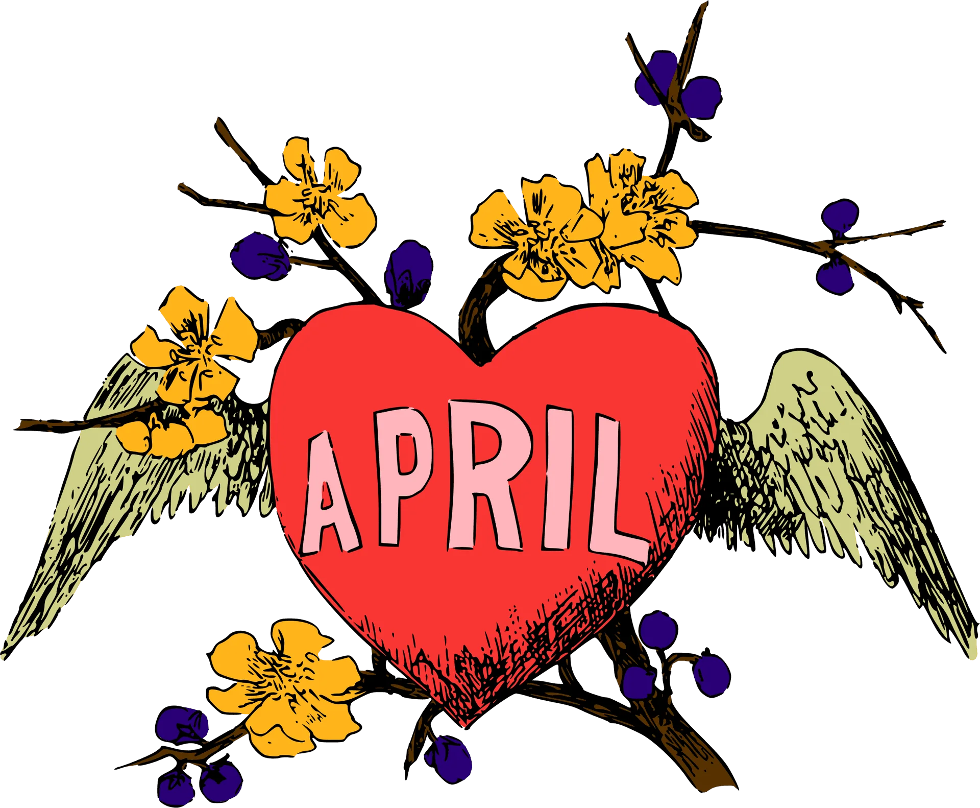 Whimsical April Heart Clipart with Winged Design and Blossoming Flowers