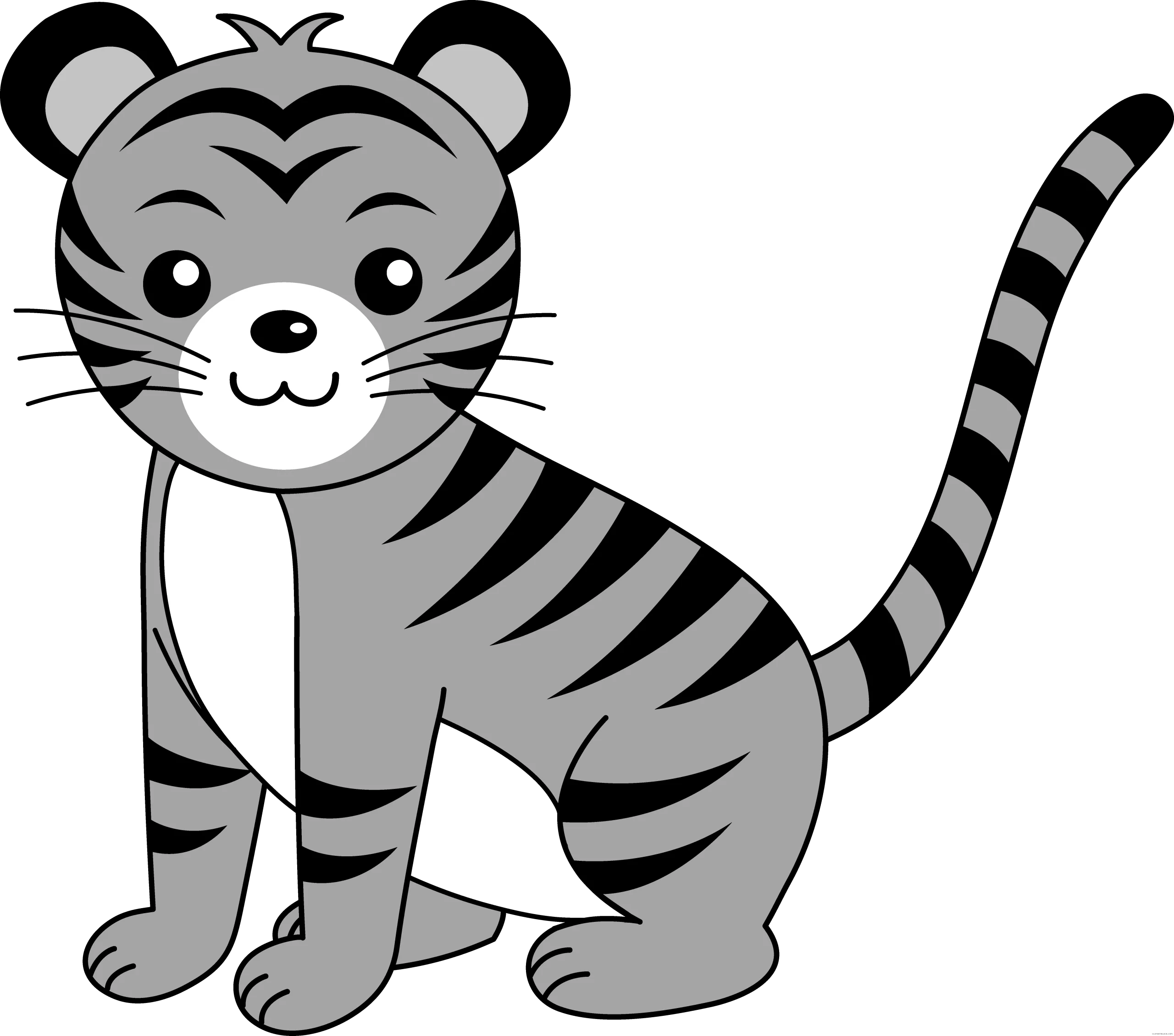Adorable Grayscale Cartoon Tiger Clipart: Cute and Playful Feline Design