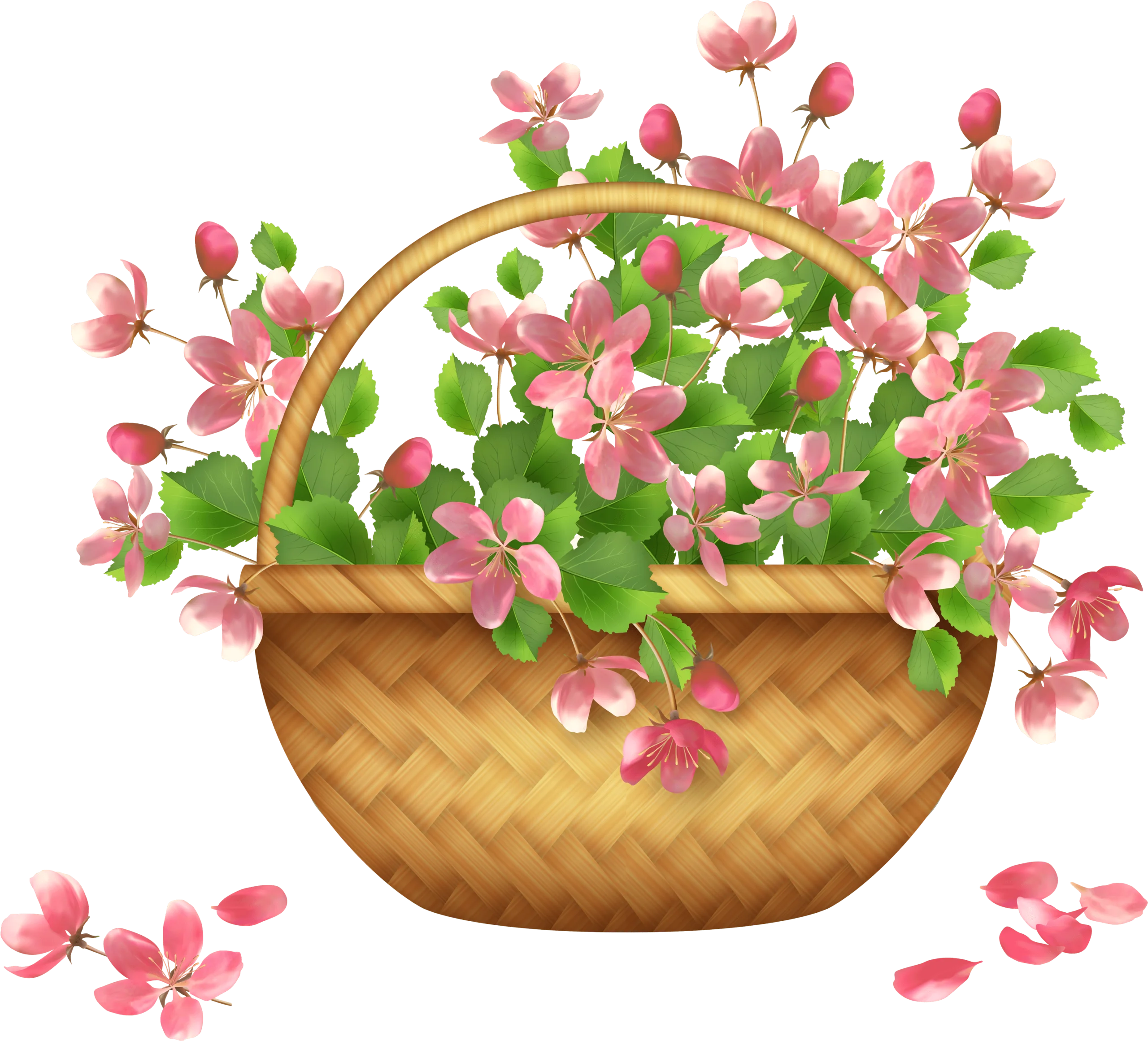 Charming Spring Blossoms Overflowing in a Woven Basket Clipart Illustration