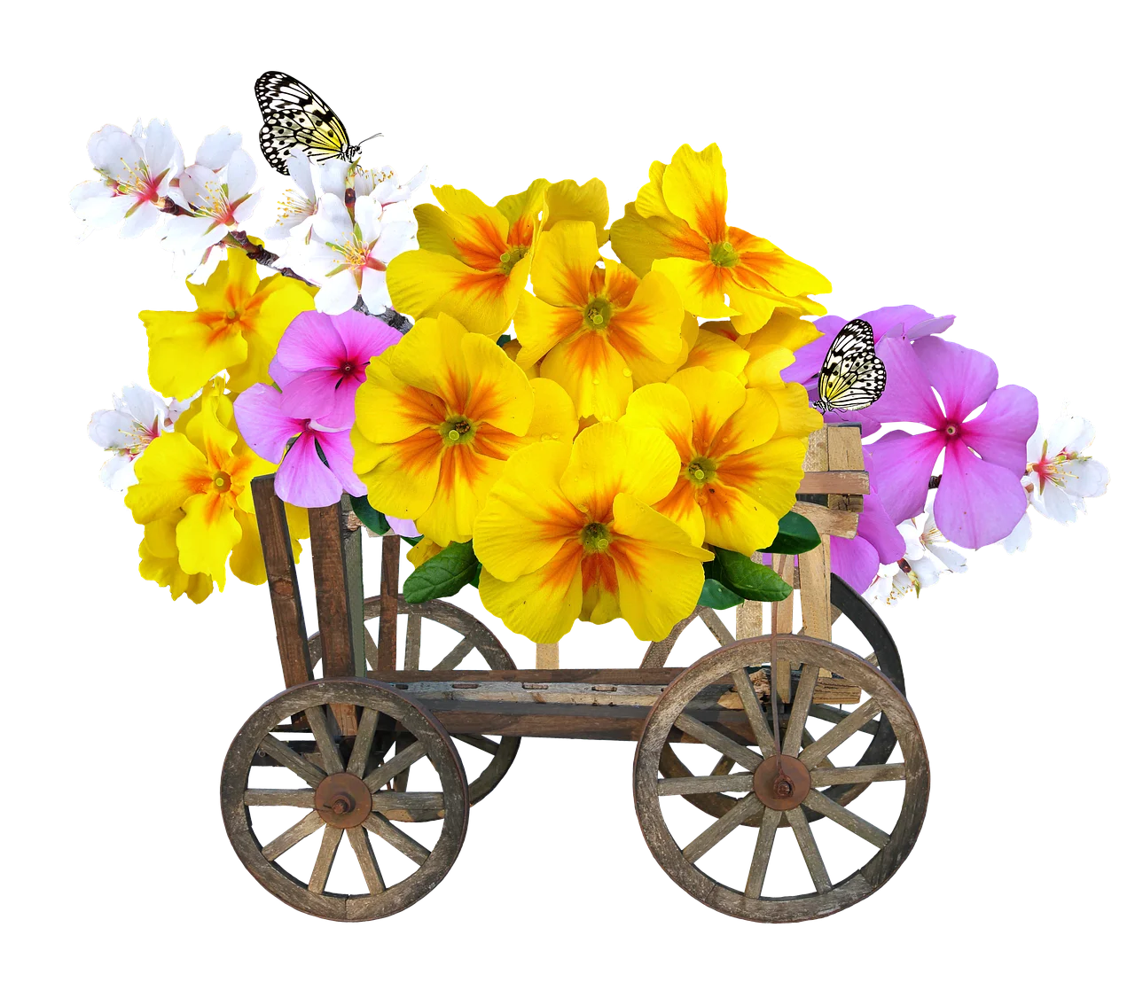 Charming Spring Blossoms Vintage Wagon Clipart Full of Sunshine and Delicate Butterflies