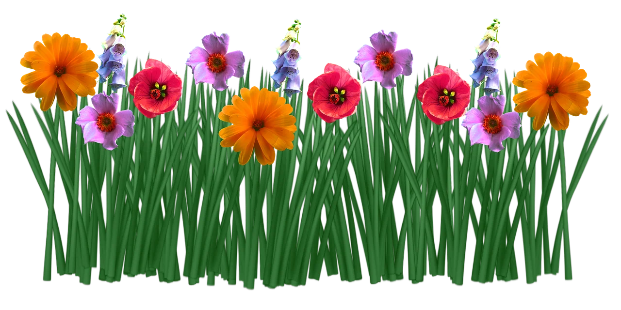 Cheerful Spring Garden Clipart with Colorful Blooming Flowers and Lush Green Stems