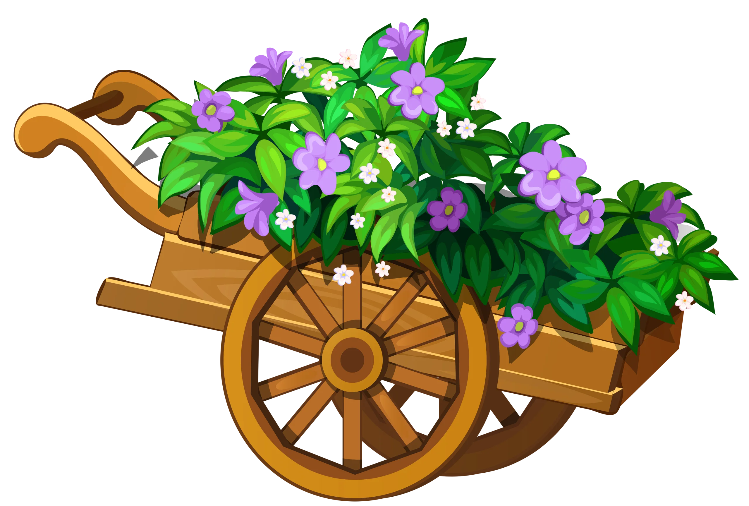 Rustic Wooden Wheelbarrow Overflowing with Lavender and Green Spring Flowers Clipart
