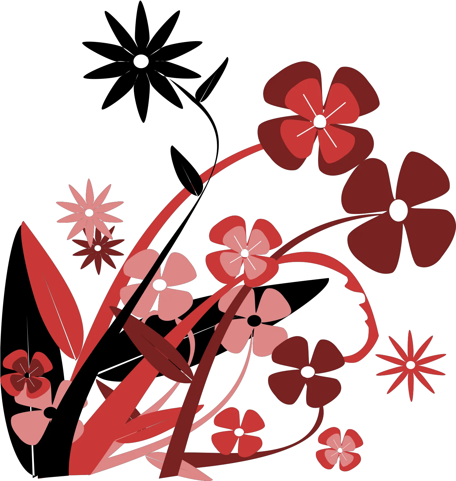 Whimsical Red and Black Spring Flowers Abstract Clipart Illustration