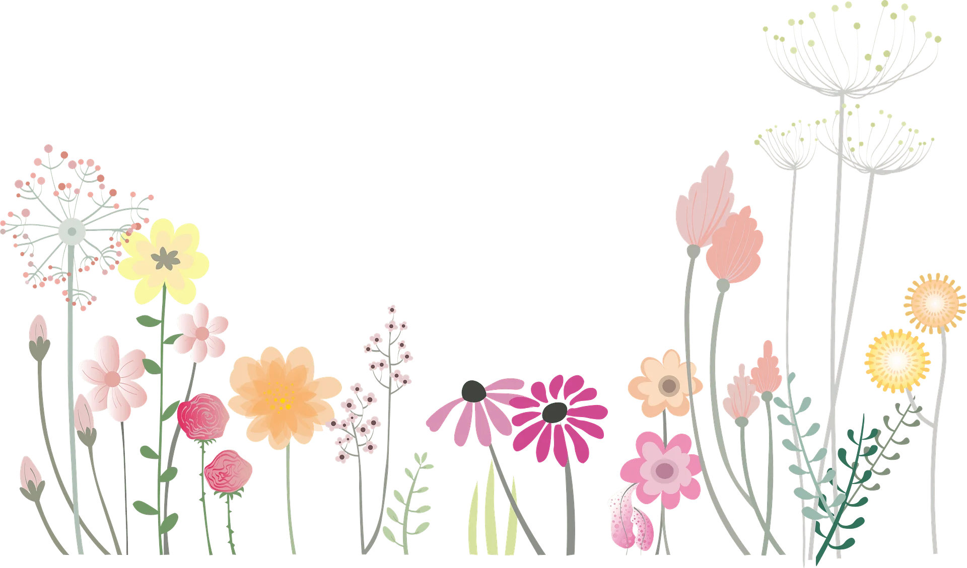 Whimsical Spring Garden Blooming Wildflowers Watercolor Clipart Illustration