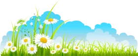 Whimsical Spring Meadow Landscape Clipart with Daisies and Soft Clouds