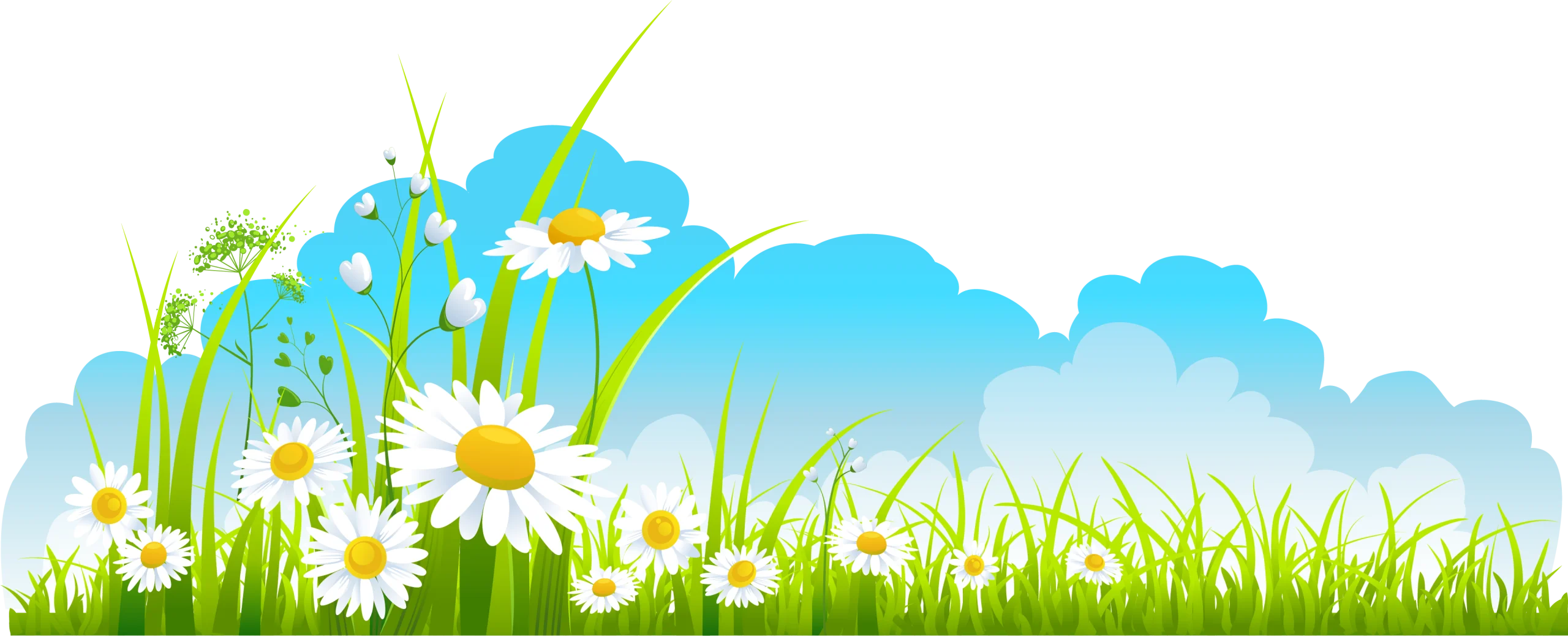 Whimsical Spring Meadow Landscape Clipart with Daisies and Soft Clouds