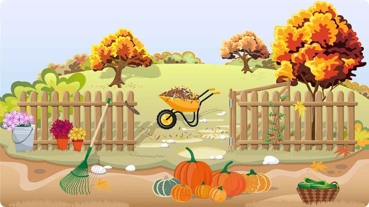 Charming Autumn Garden Scene Clipart with Harvest and Gardening Tools
