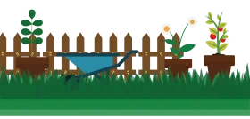 Charming Rustic Garden Fence Clipart with Potted Plants and Watering Can
