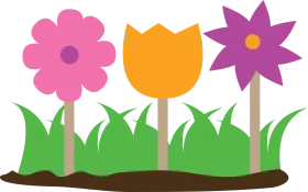 Cheerful Garden Scene with Pink, Purple, and Yellow Flower Clipart Illustration
