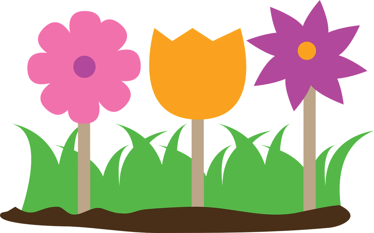Cheerful Garden Scene with Pink, Purple, and Yellow Flower Clipart Illustration