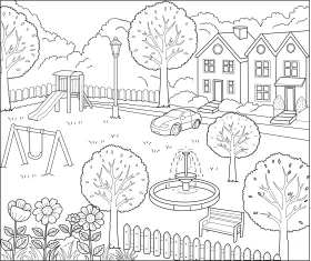 Delightful Neighborhood Playground and Garden Scenery Clipart Design