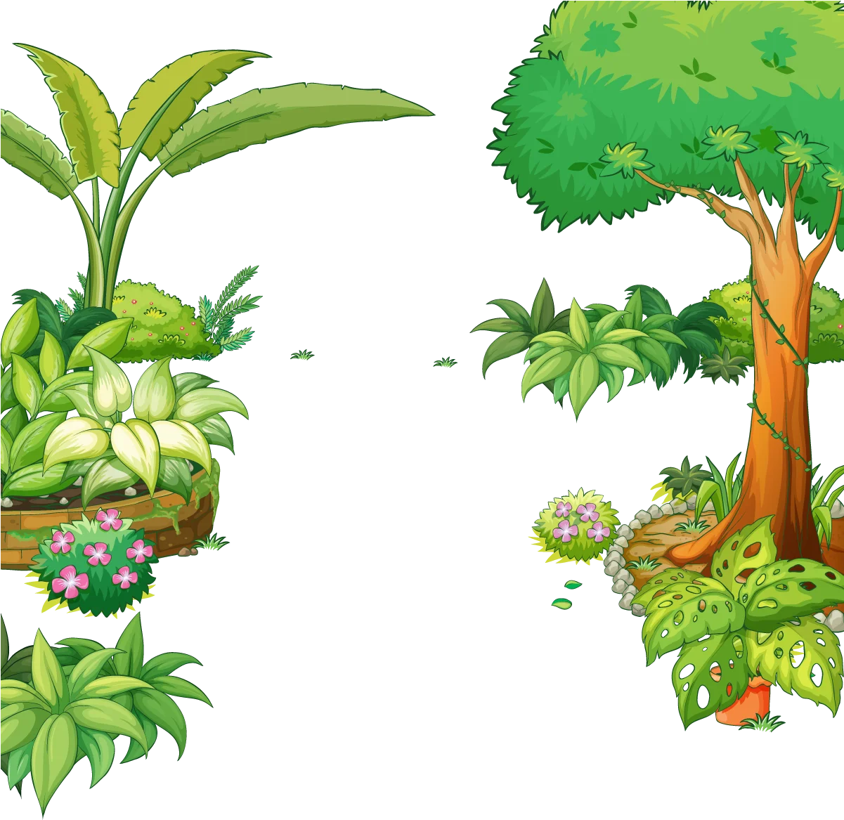 Enchanting Garden Scene Clipart with Lush Greenery and Botanical Elements