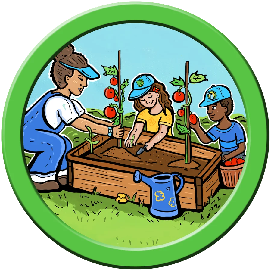 Family Garden Collaboration: Nurturing Tomatoes in Raised Wooden Planter Clipart Scene