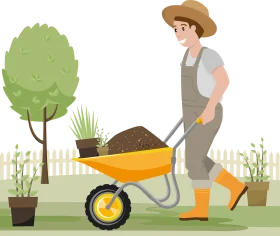 Garden Maintenance Clipart: Gardener Pushing Wheelbarrow with Soil and Plants