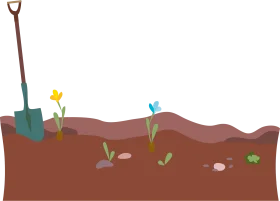 Gardening Scene Clipart: Soil Preparation and Planting with Colorful Tools and Flowers