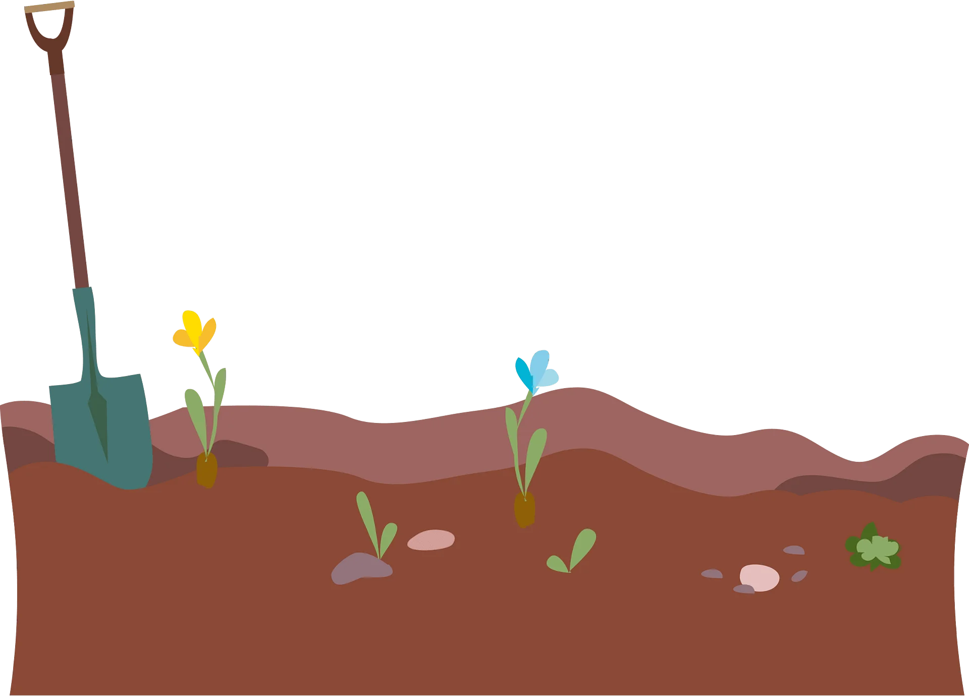 Gardening Scene Clipart: Soil Preparation and Planting with Colorful Tools and Flowers