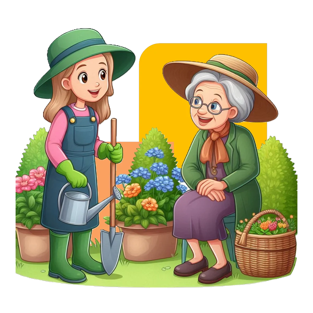 Heartwarming Garden Scene Clipart: Intergenerational Gardening Moments of Care and Connection