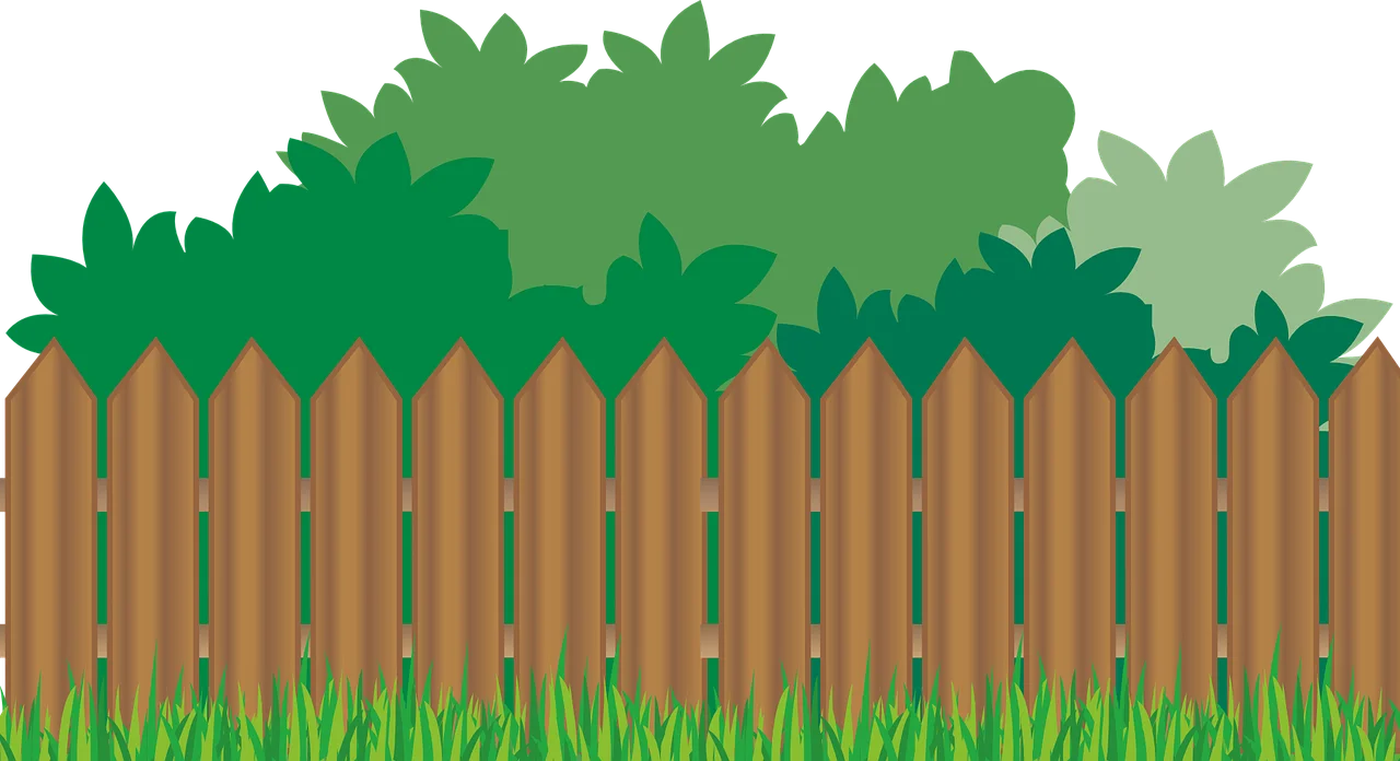 Rustic Wooden Garden Fence with Lush Green Foliage Clipart Illustration