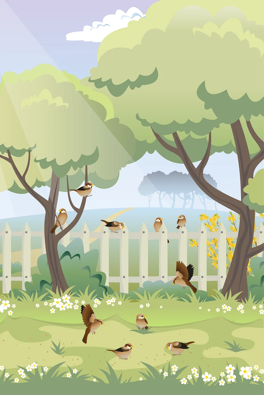 Serene Garden Haven: Whimsical Bird Paradise Clipart Scene with Charming White Fence