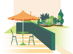 Serene Outdoor Patio Garden Clipart with Umbrella and Planter Design