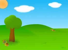 Serene Summer Landscape with Lush Green Field and Cheerful Clipart Elements