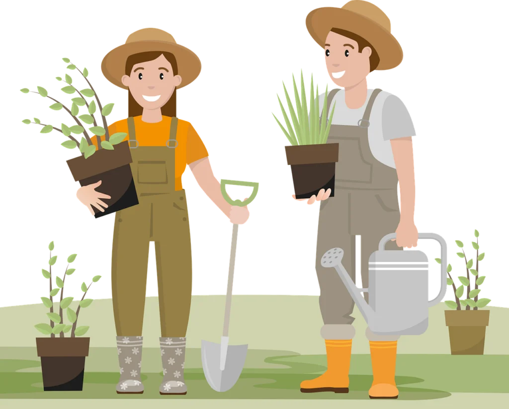 Two Gardeners with Plants and Tools - Charming Agricultural Clipart Illustration