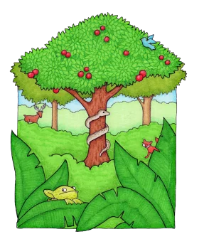 Whimsical Fruit-Laden Trees and Lush Green Leaves Woodland Clipart Scene