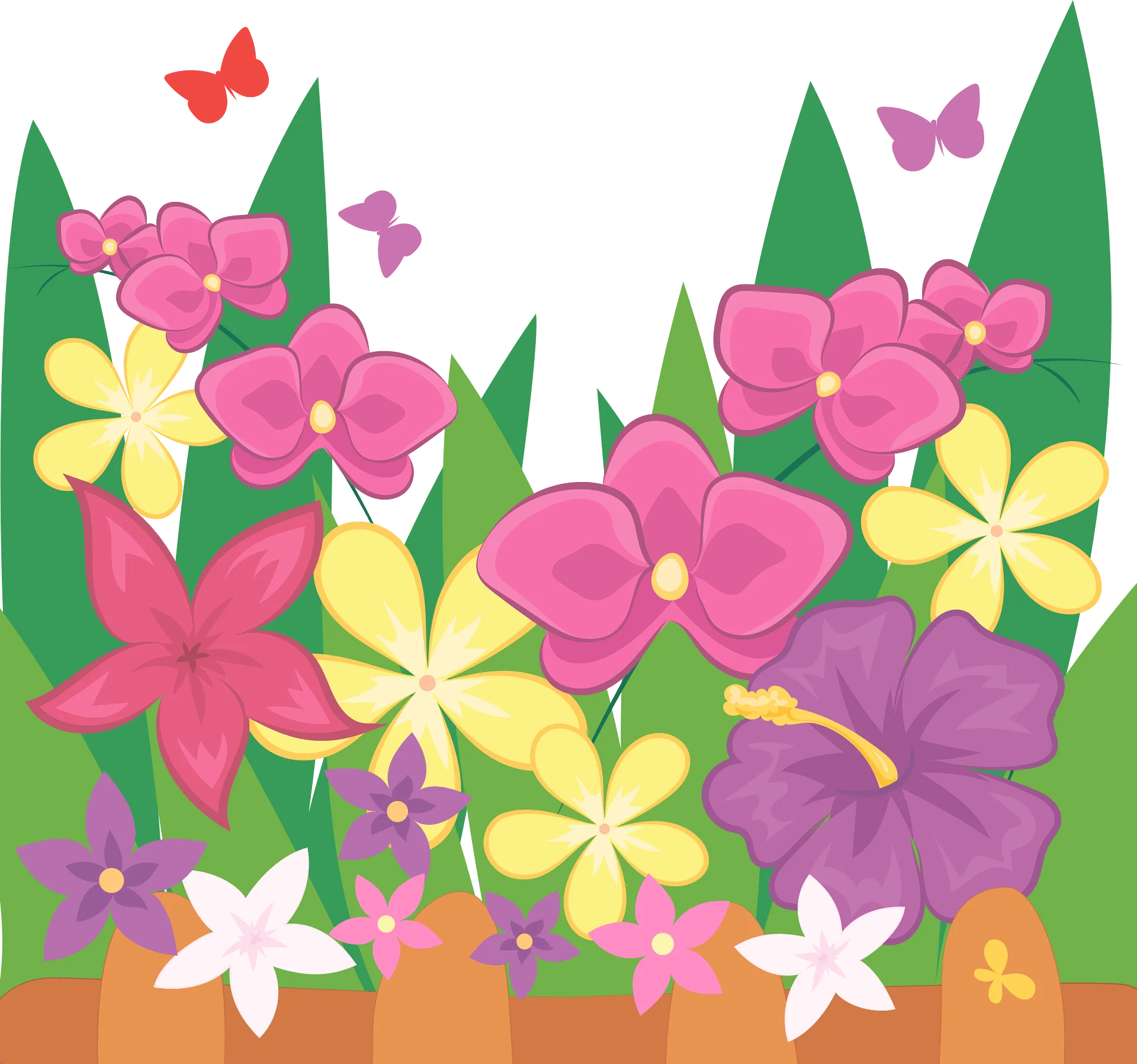 Whimsical Spring Garden Clipart with Colorful Butterflies and Blooming Flowers