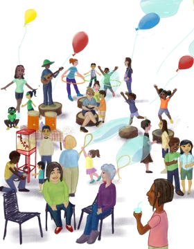 Joyful Community Celebration Clipart: Diverse Gathering of People and Balloons