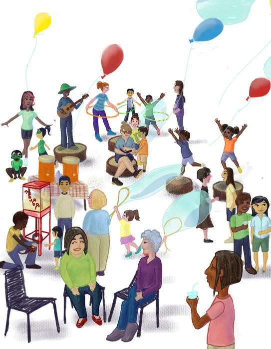Joyful Community Celebration Clipart: Diverse Gathering of People and Balloons