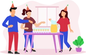 Cheerful Birthday Party Celebration Clipart with Friends and Cake