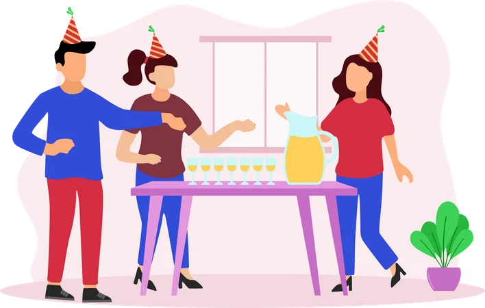 Cheerful Birthday Party Celebration Clipart with Friends and Cake